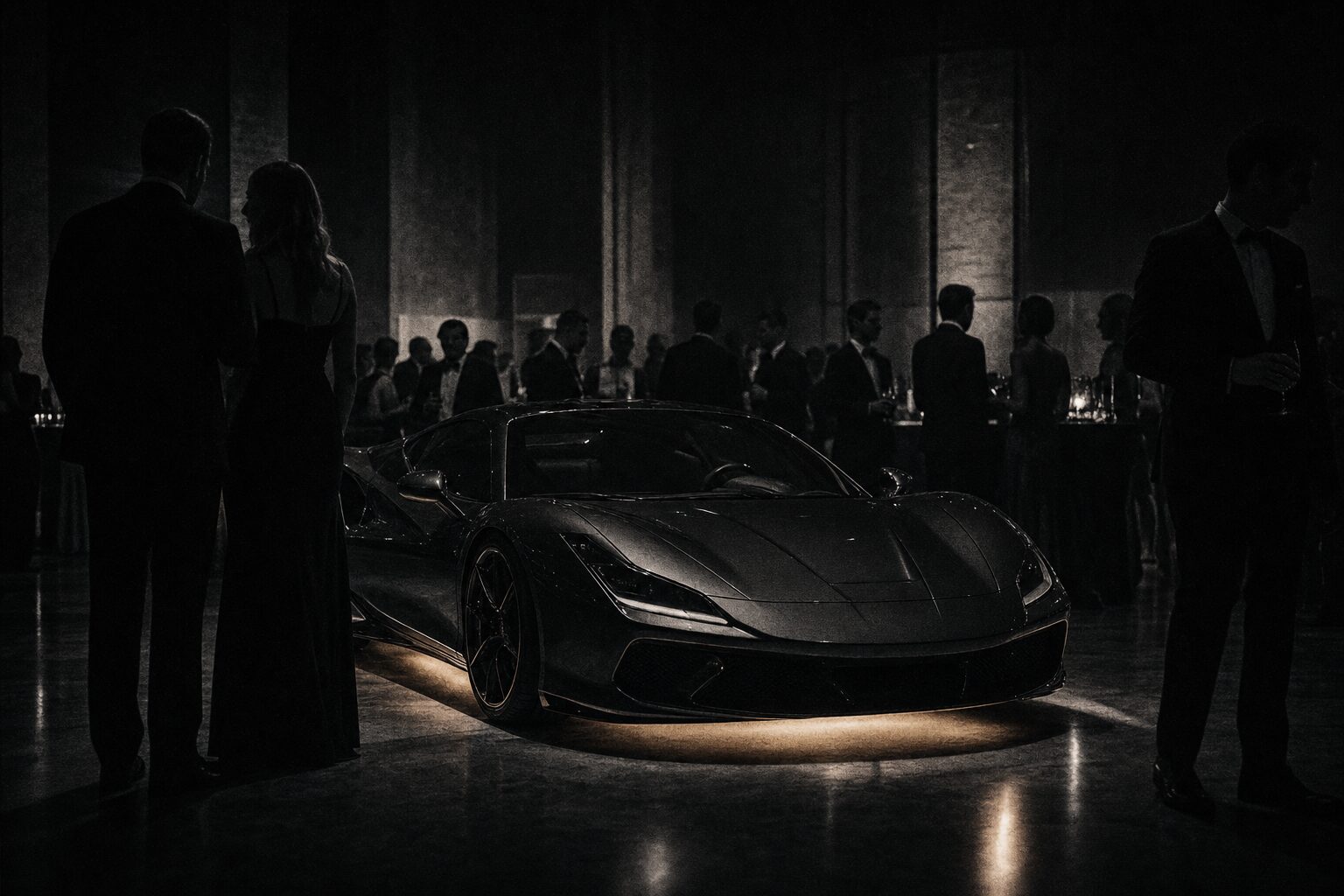 Guests gathered around a supercar during an elegant evening showcase