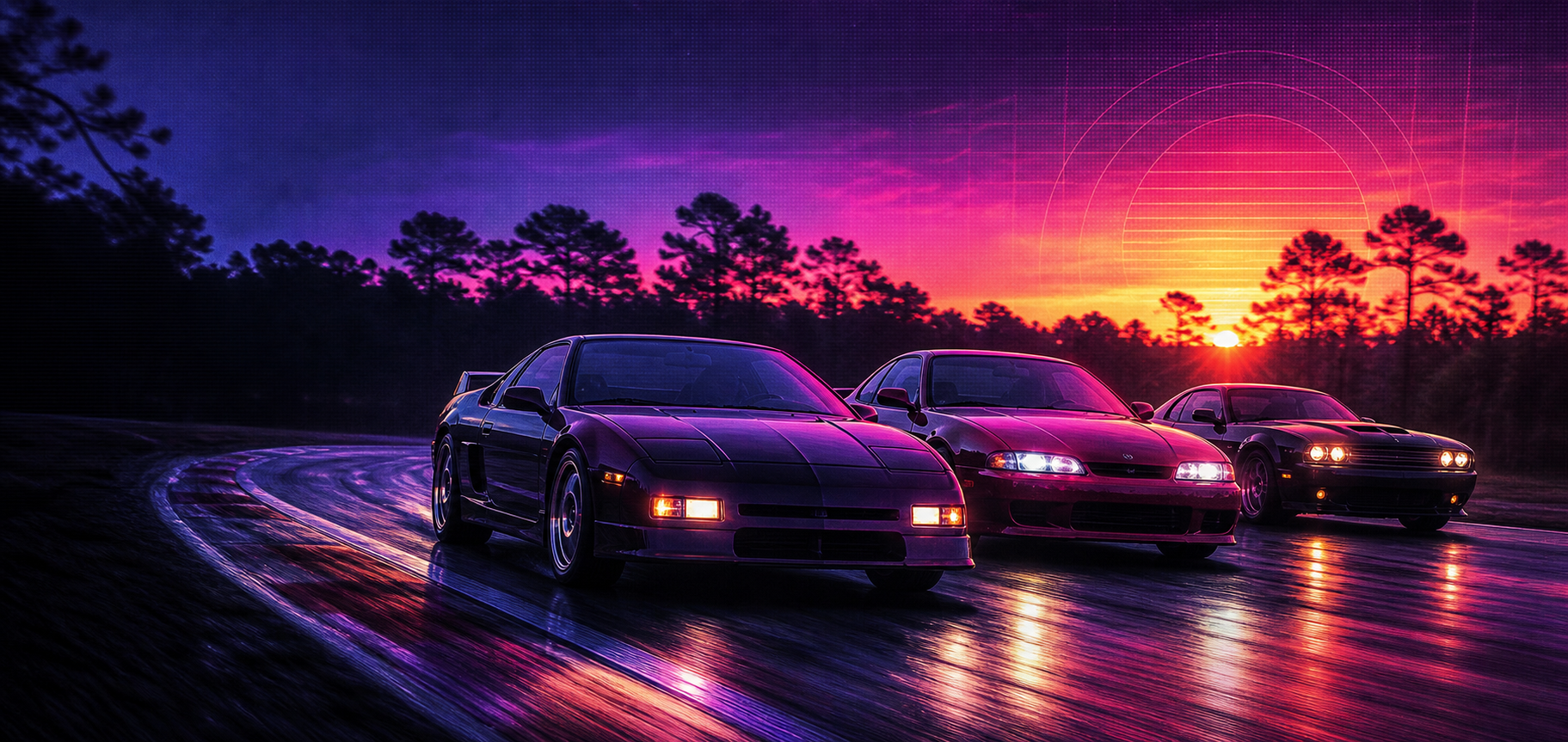 Retro performance cars driving through a neon sunset